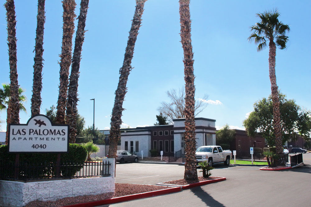 This image displays entrance marker photo of Las Palomas Apartments