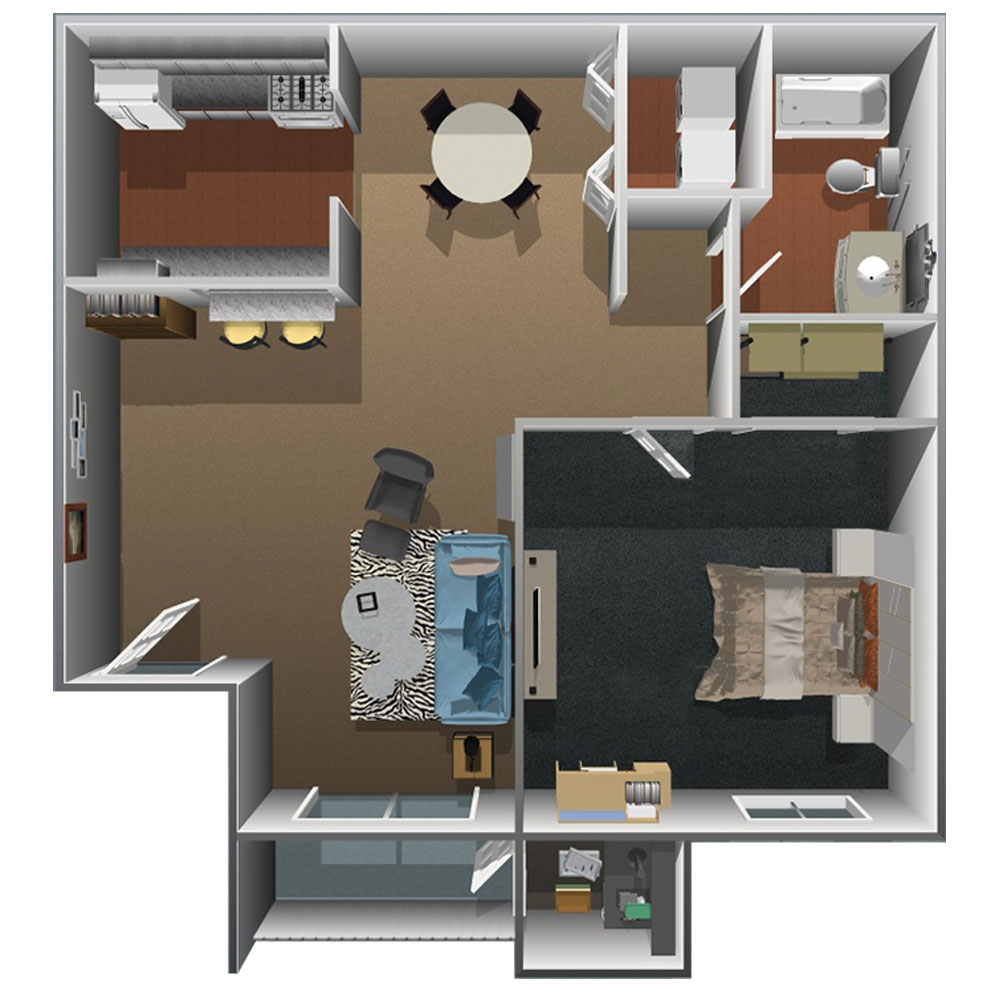 This image is the visual 3D floorplan representation of Plan A (downstairs) at Las Palomas Apartments.