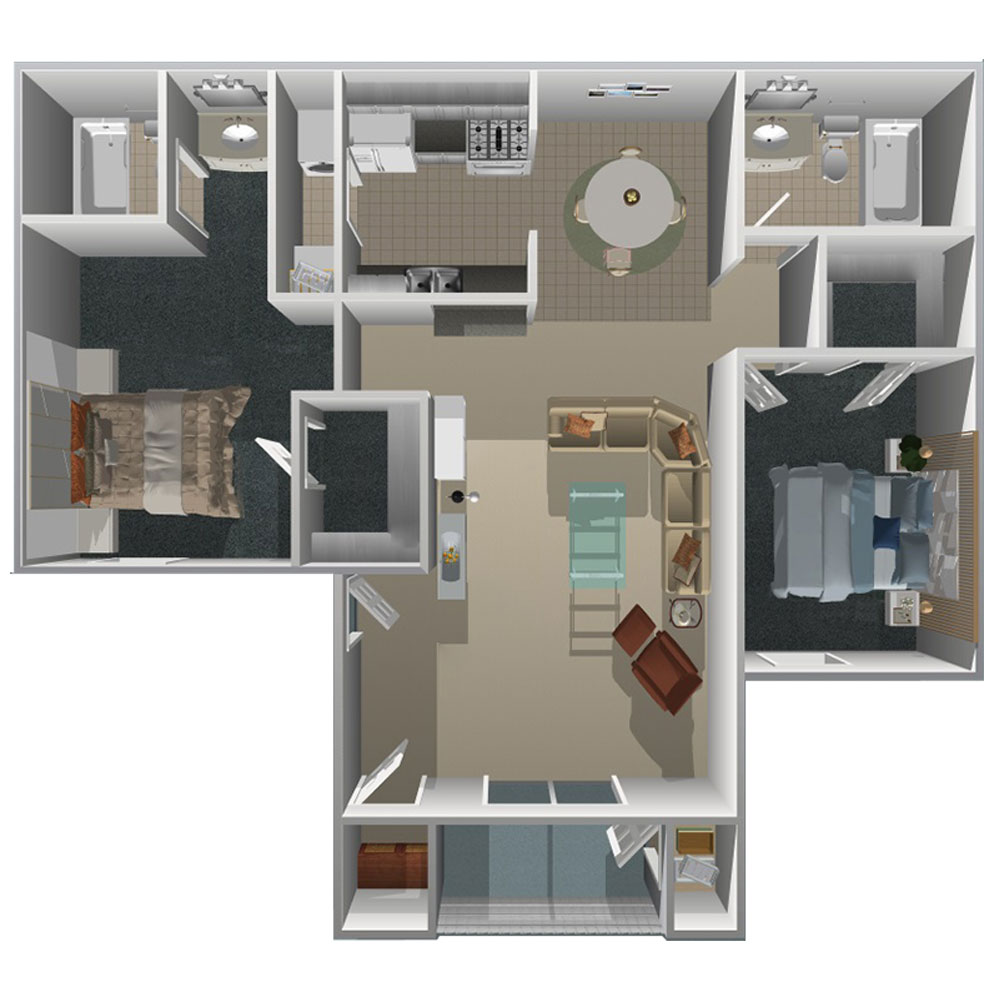 This image is the visual 3D floorplan representation of Plan B (downstairs) at Las Palomas Apartments.