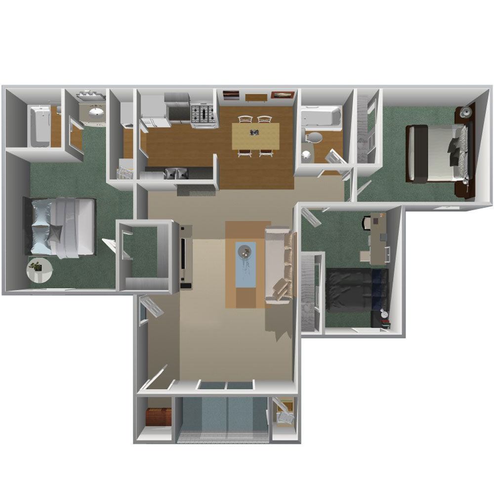 This image is the visual 3D floorplan representation of Plan C (downstairs) at Las Palomas Apartments.