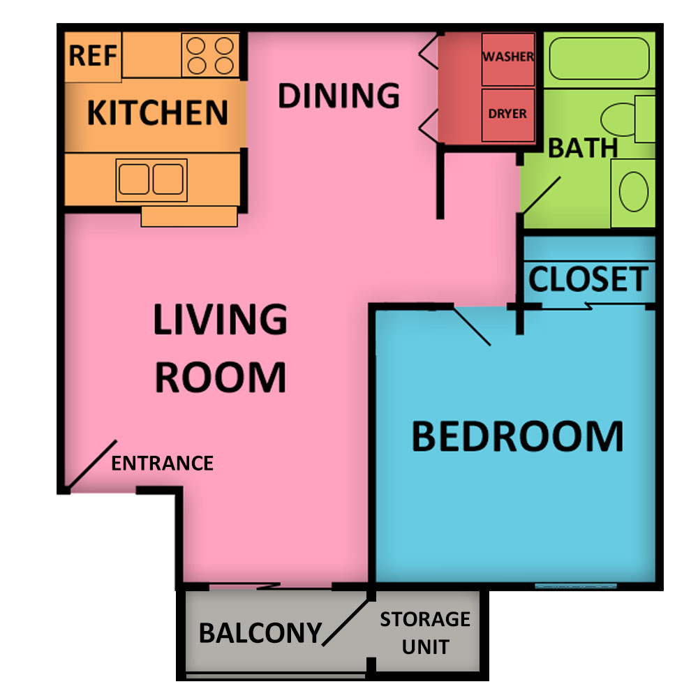 This image is the visual schematic floorplan representation of Plan A (downstairs) at Las Palomas Apartments.