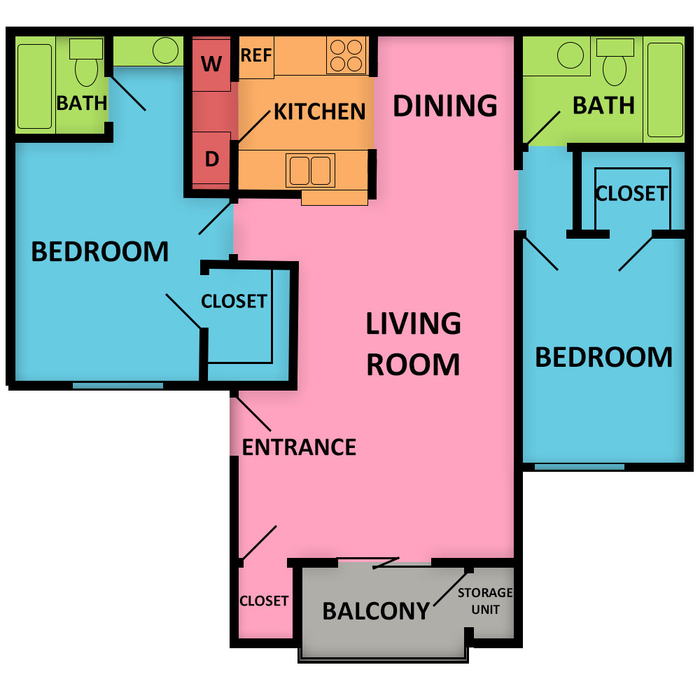 This image is the visual schematic floorplan representation of Plan B (downstairs) at Las Palomas Apartments.