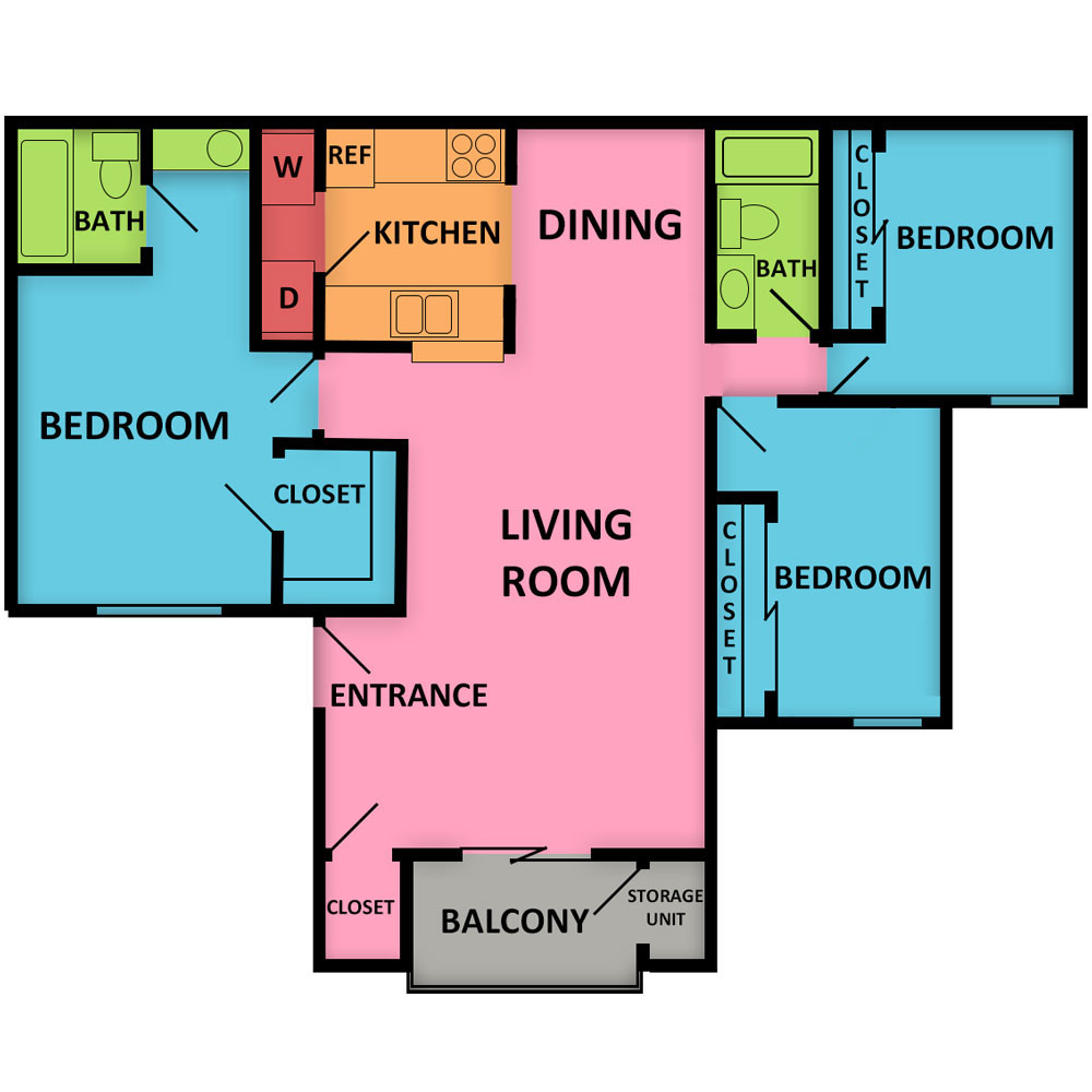 This image is the visual schematic floorplan representation of Plan C (downstairs) at Las Palomas Apartments.